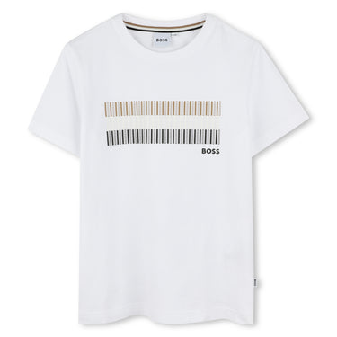BOSS Playera para niño y adolescente, blanca print logo de barras al frente